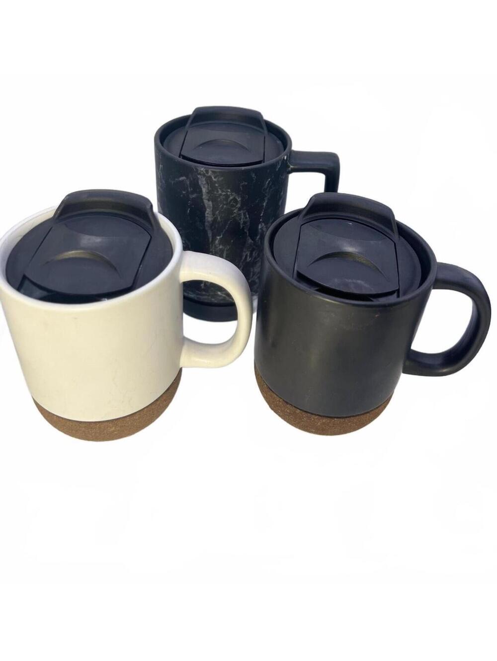 Ceramic Travel Coffee Mugs with Lids and Cork/Silicone Bottoms Set of 3 B&W
